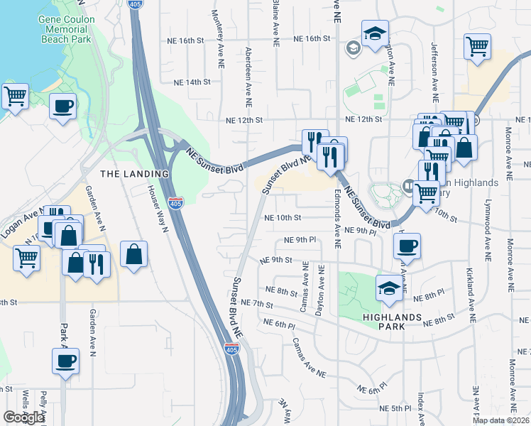 map of restaurants, bars, coffee shops, grocery stores, and more near 962 Northeast Sunset Boulevard in Renton