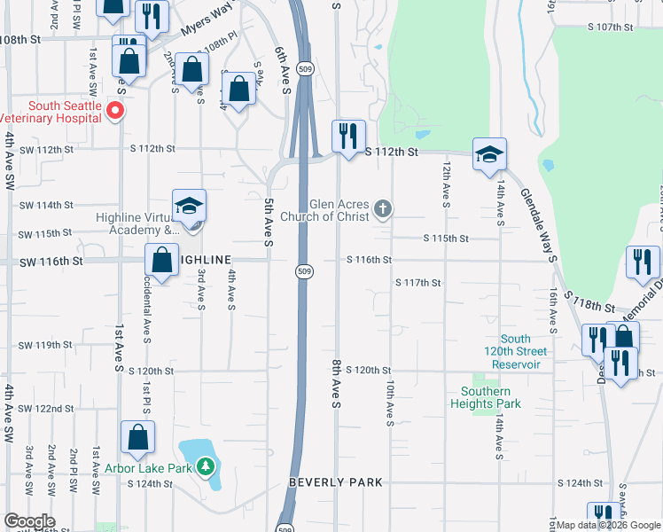 map of restaurants, bars, coffee shops, grocery stores, and more near 11615 8th Avenue South in Seattle