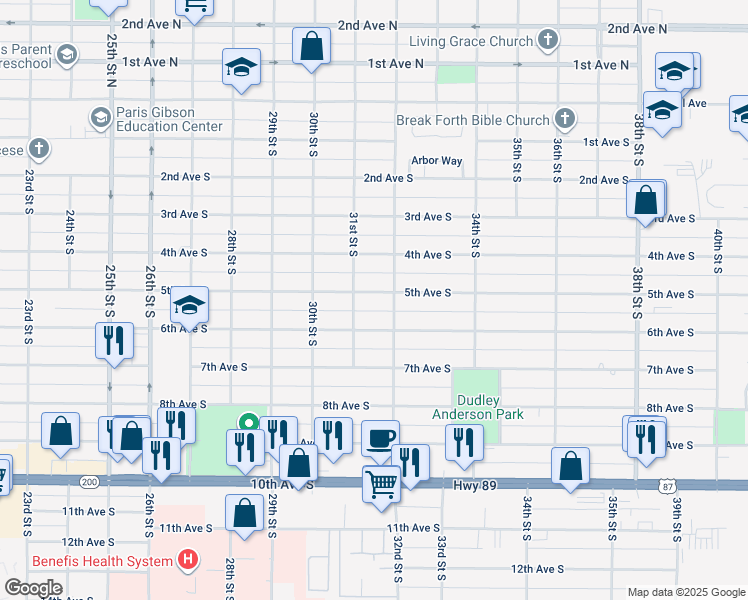map of restaurants, bars, coffee shops, grocery stores, and more near 3112 5th Avenue South in Great Falls