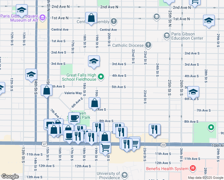 map of restaurants, bars, coffee shops, grocery stores, and more near 508-598 20th Street South in Great Falls