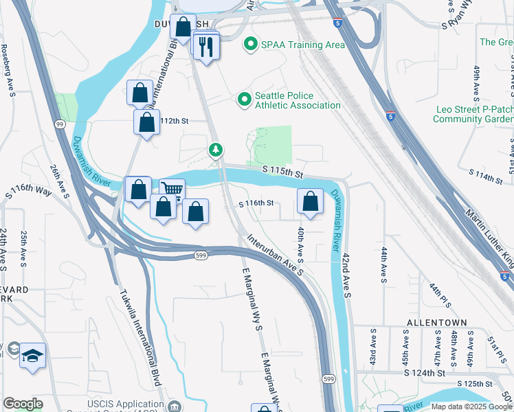 map of restaurants, bars, coffee shops, grocery stores, and more near 3545 South 116th Street in Tukwila