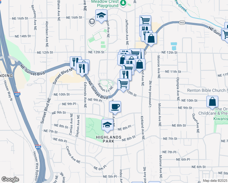 map of restaurants, bars, coffee shops, grocery stores, and more near 2725 NE Sunset Blvd in Renton