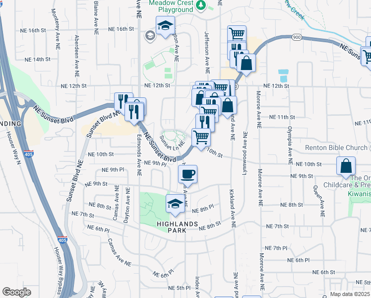 map of restaurants, bars, coffee shops, grocery stores, and more near 2725 NE Sunset Blvd in Renton