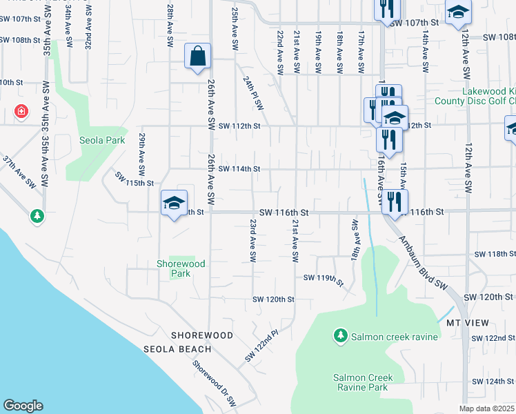 map of restaurants, bars, coffee shops, grocery stores, and more near 2145 Southwest 116th Street in Burien