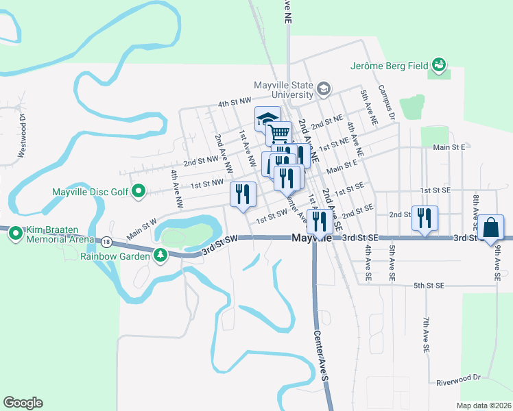map of restaurants, bars, coffee shops, grocery stores, and more near 100-198 1st Street Southwest in Mayville