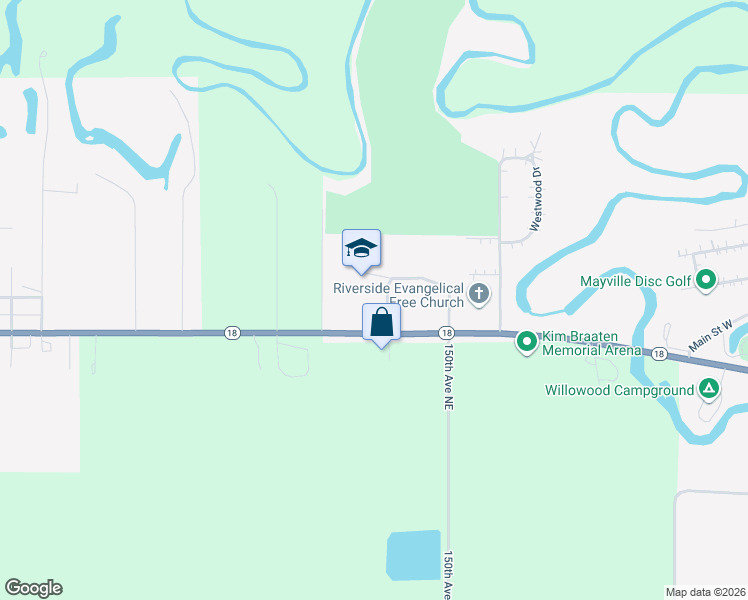map of restaurants, bars, coffee shops, grocery stores, and more near 900 Main Street West in Mayville