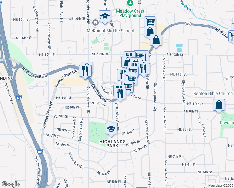 map of restaurants, bars, coffee shops, grocery stores, and more near 2715 Sunset Lane Northeast in Renton