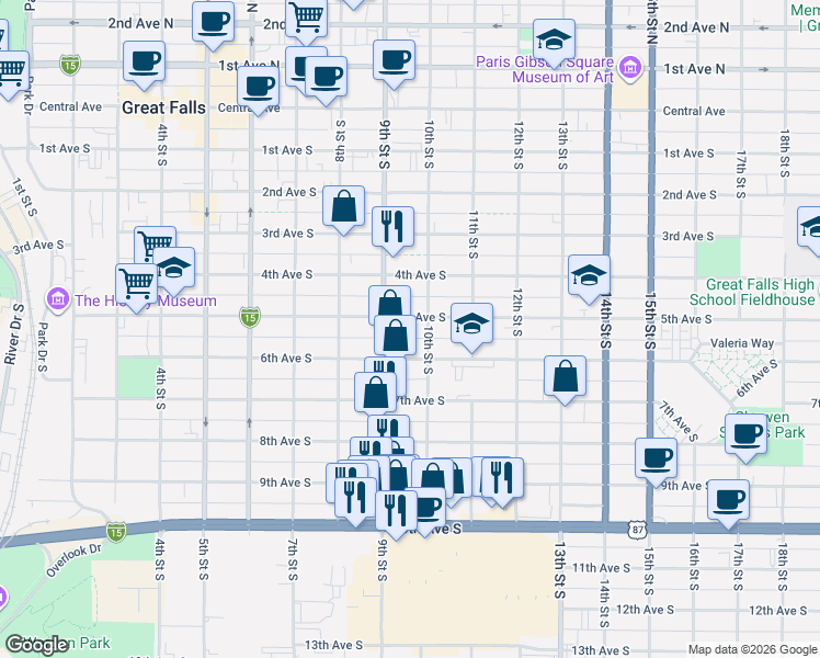 map of restaurants, bars, coffee shops, grocery stores, and more near 916 5th Ave S in Great Falls