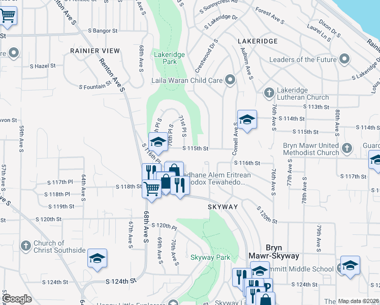 map of restaurants, bars, coffee shops, grocery stores, and more near 7030 South 116th Street in Seattle