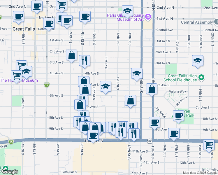 map of restaurants, bars, coffee shops, grocery stores, and more near 1109 6th Ave S in Great Falls