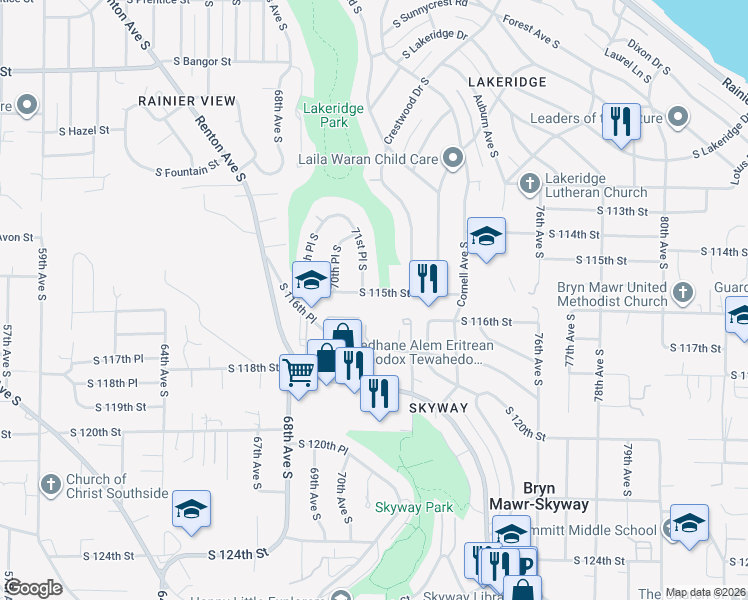 map of restaurants, bars, coffee shops, grocery stores, and more near 7030 South 116th Street in Seattle