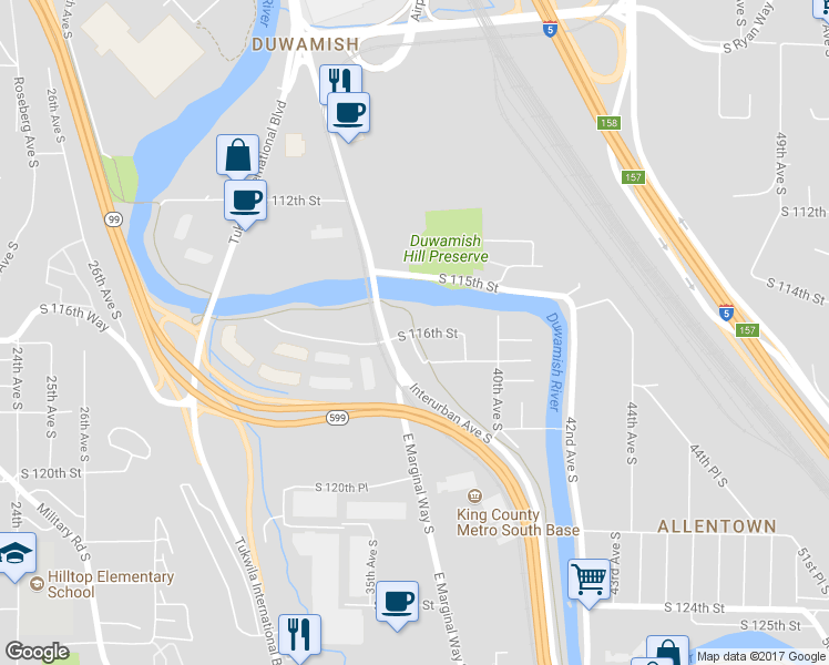 map of restaurants, bars, coffee shops, grocery stores, and more near South 116th Street in Tukwila