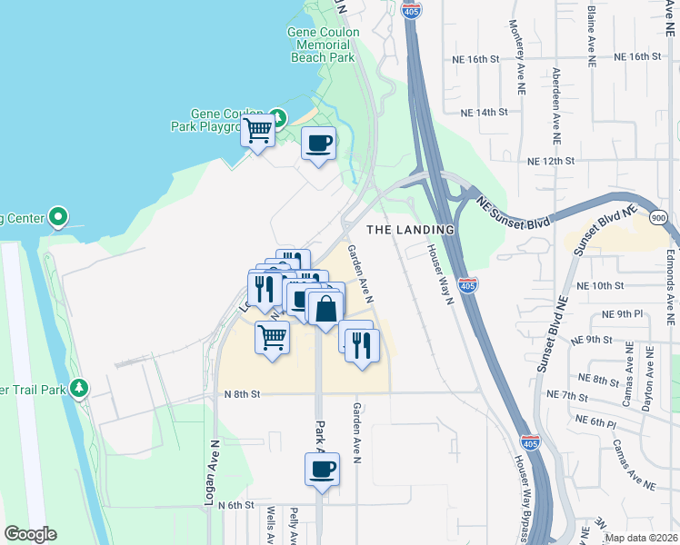 map of restaurants, bars, coffee shops, grocery stores, and more near 1202 North 10th Place in Renton
