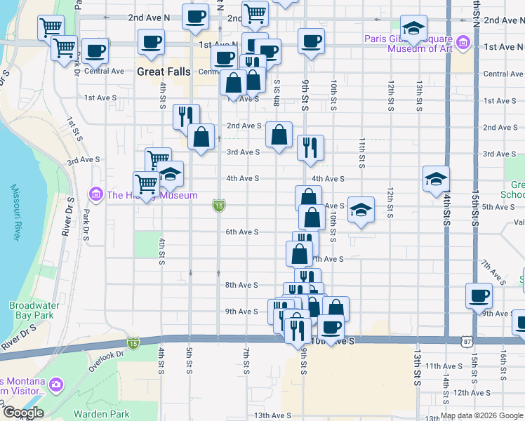 map of restaurants, bars, coffee shops, grocery stores, and more near 714 5th Avenue South in Great Falls