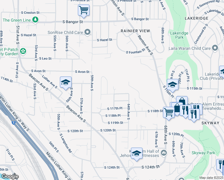 map of restaurants, bars, coffee shops, grocery stores, and more near 6211 South 116th Street in Seattle
