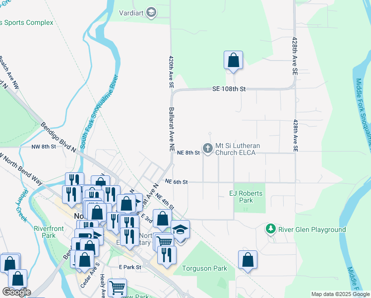 map of restaurants, bars, coffee shops, grocery stores, and more near 224 Northeast 8th Street in North Bend