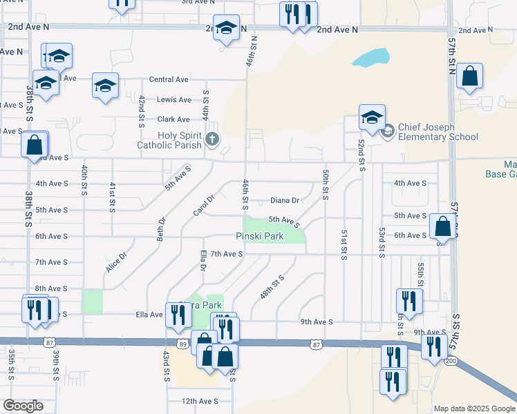 map of restaurants, bars, coffee shops, grocery stores, and more near 502 46th Street South in Great Falls