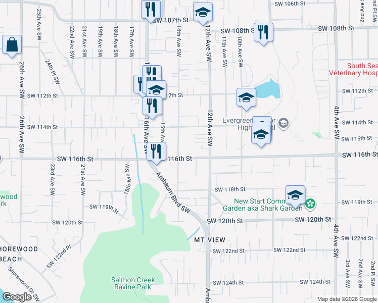 map of restaurants, bars, coffee shops, grocery stores, and more near 1315 Southwest 116th Street in Burien