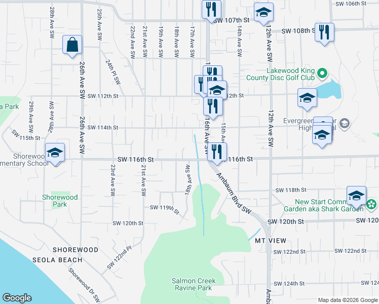 map of restaurants, bars, coffee shops, grocery stores, and more near 1625 Southwest 116th Street in Burien