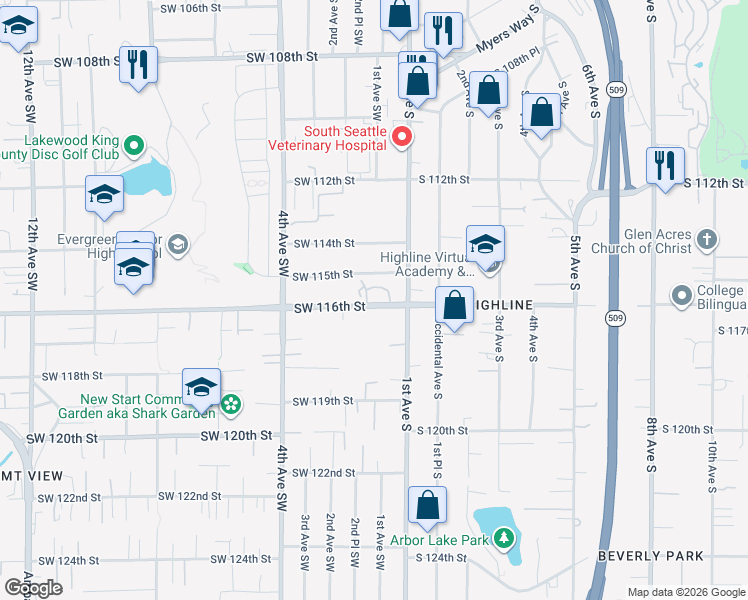 map of restaurants, bars, coffee shops, grocery stores, and more near 110 Southwest 116th Street in Seattle