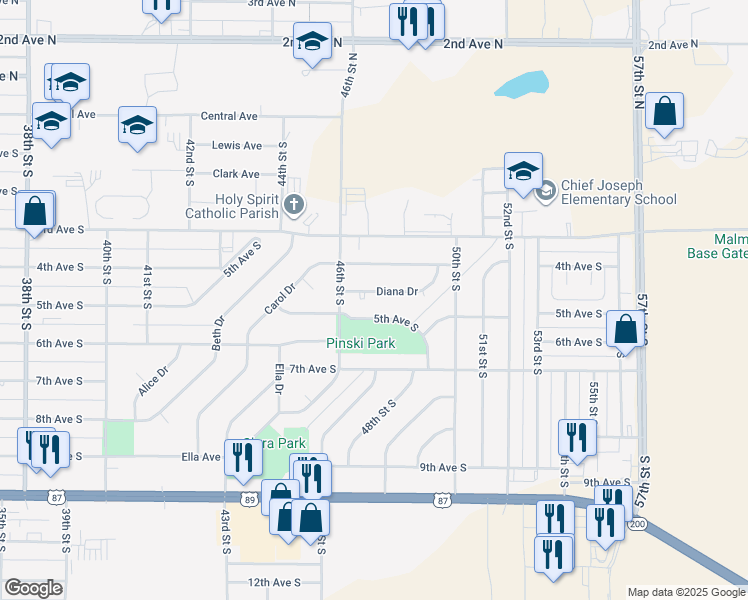 map of restaurants, bars, coffee shops, grocery stores, and more near 4616 Diana Drive in Great Falls