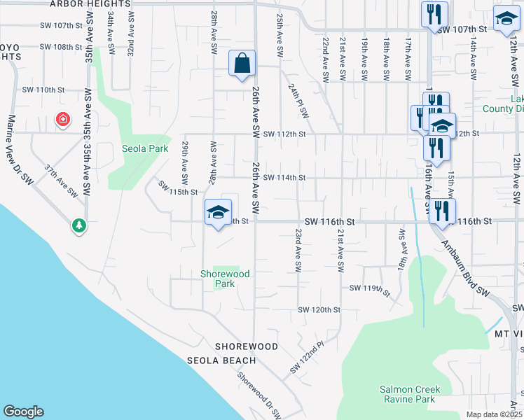 map of restaurants, bars, coffee shops, grocery stores, and more near 11444 26th Avenue Southwest in Seattle