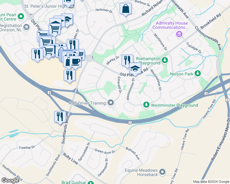 map of restaurants, bars, coffee shops, grocery stores, and more near 14 Amber Place in Mount Pearl
