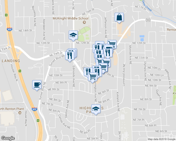map of restaurants, bars, coffee shops, grocery stores, and more near 2698 Northeast Sunset Boulevard in Renton