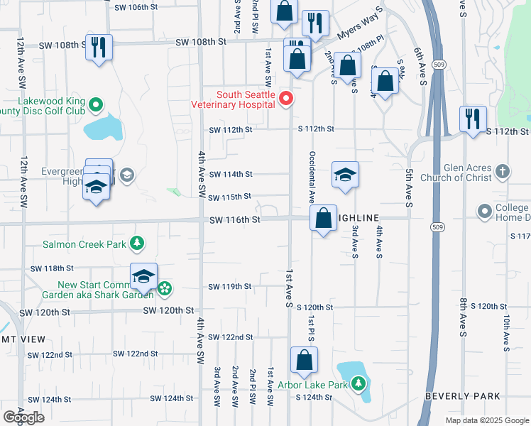 map of restaurants, bars, coffee shops, grocery stores, and more near 137 Southwest 116th Street in Seattle