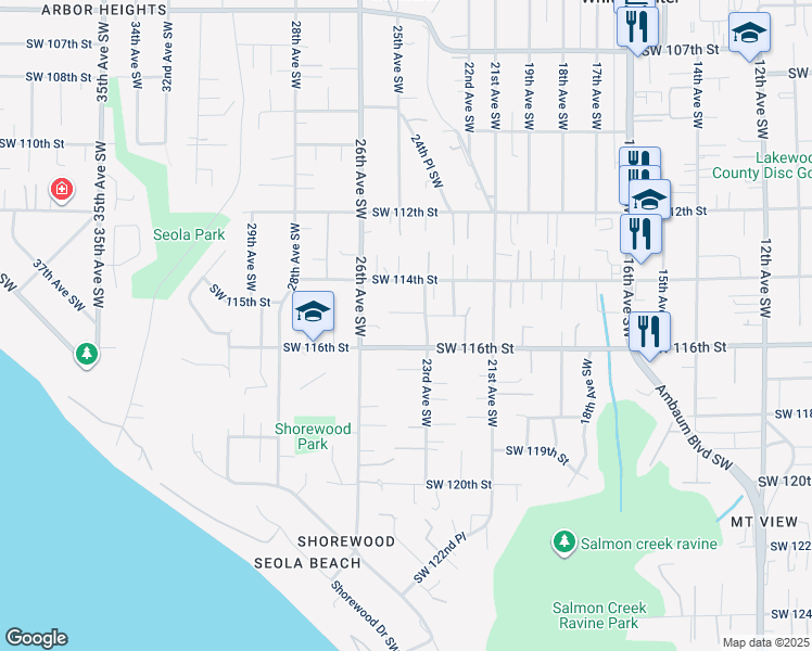 map of restaurants, bars, coffee shops, grocery stores, and more near 2325 Southwest 115th Street in Seattle