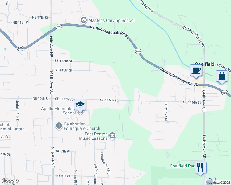 map of restaurants, bars, coffee shops, grocery stores, and more near 11500 155th Avenue Southeast in Renton