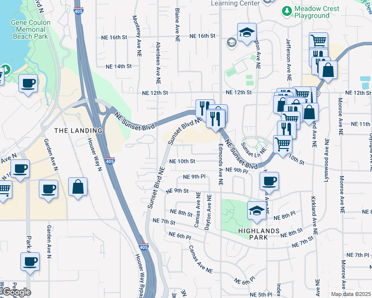 map of restaurants, bars, coffee shops, grocery stores, and more near 1100 Northeast Sunset Boulevard in Renton
