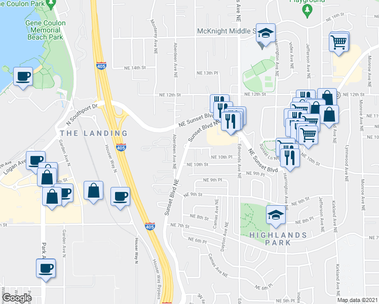 map of restaurants, bars, coffee shops, grocery stores, and more near 1055 Northeast Sunset Boulevard in Renton