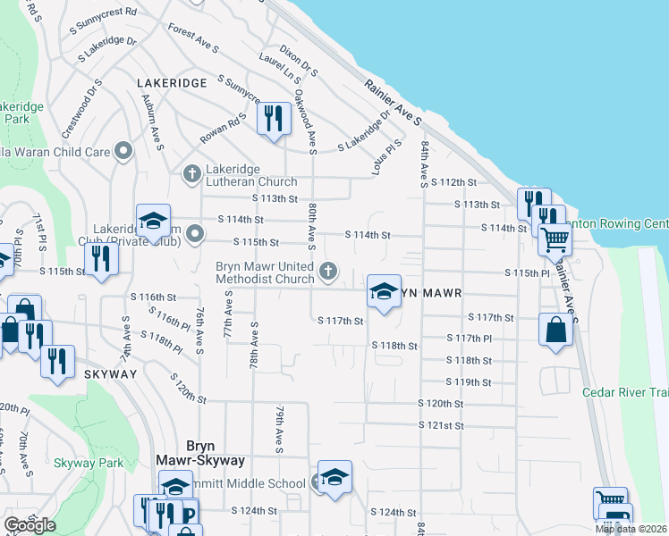 map of restaurants, bars, coffee shops, grocery stores, and more near 8025 South 114th Street in Seattle