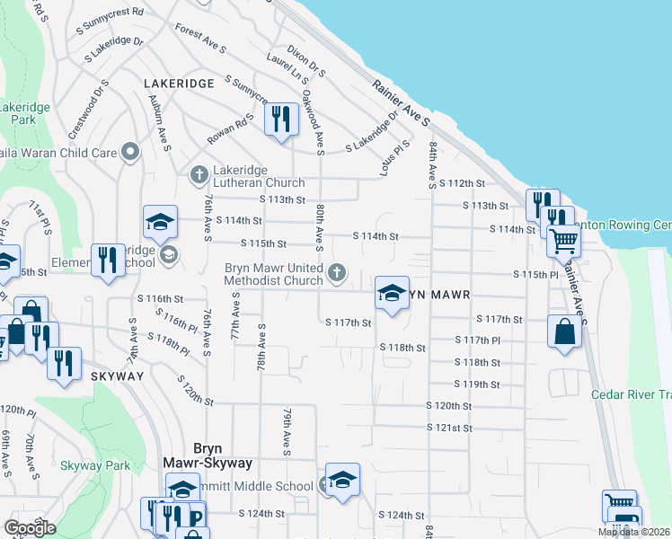 map of restaurants, bars, coffee shops, grocery stores, and more near 8025 South 114th Street in Seattle