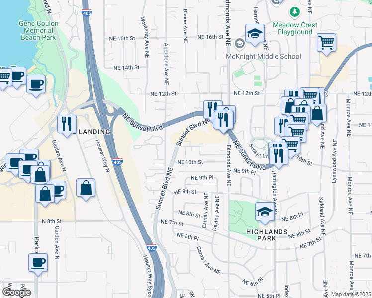 map of restaurants, bars, coffee shops, grocery stores, and more near 1075 Blaine Avenue Northeast in Renton
