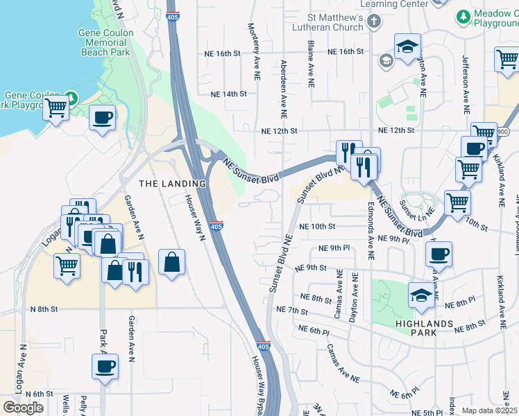 map of restaurants, bars, coffee shops, grocery stores, and more near 975 Aberdeen Avenue Northeast in Renton