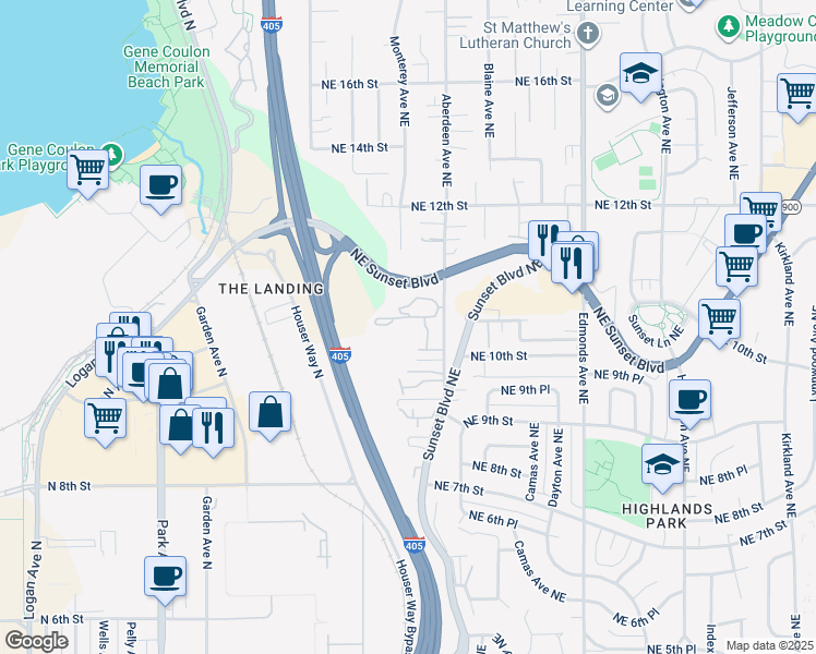 map of restaurants, bars, coffee shops, grocery stores, and more near 975 Aberdeen Avenue Northeast in Renton