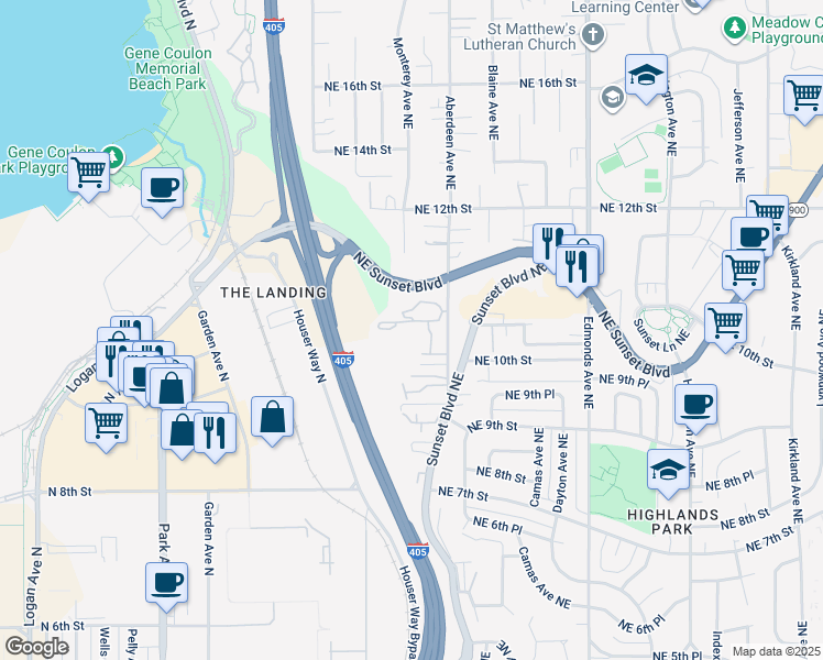 map of restaurants, bars, coffee shops, grocery stores, and more near 975 Aberdeen Avenue Northeast in Renton