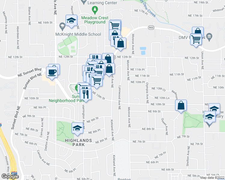 map of restaurants, bars, coffee shops, grocery stores, and more near Kirkland Avenue Northeast in Renton