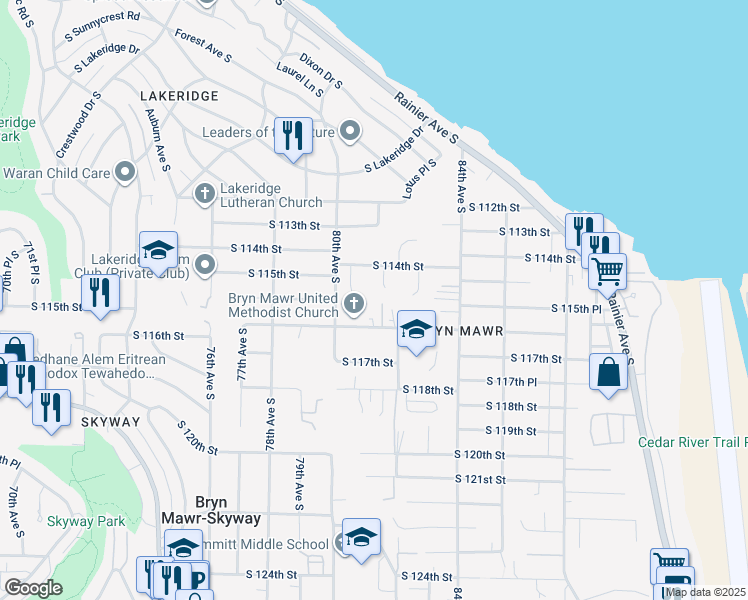 map of restaurants, bars, coffee shops, grocery stores, and more near 11420 81st Place South in Seattle