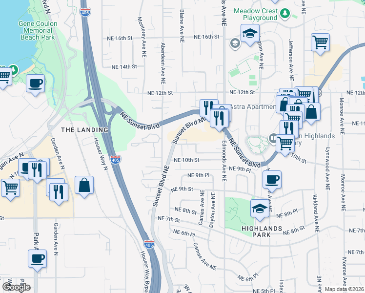 map of restaurants, bars, coffee shops, grocery stores, and more near 1055 Northeast Sunset Boulevard in Renton