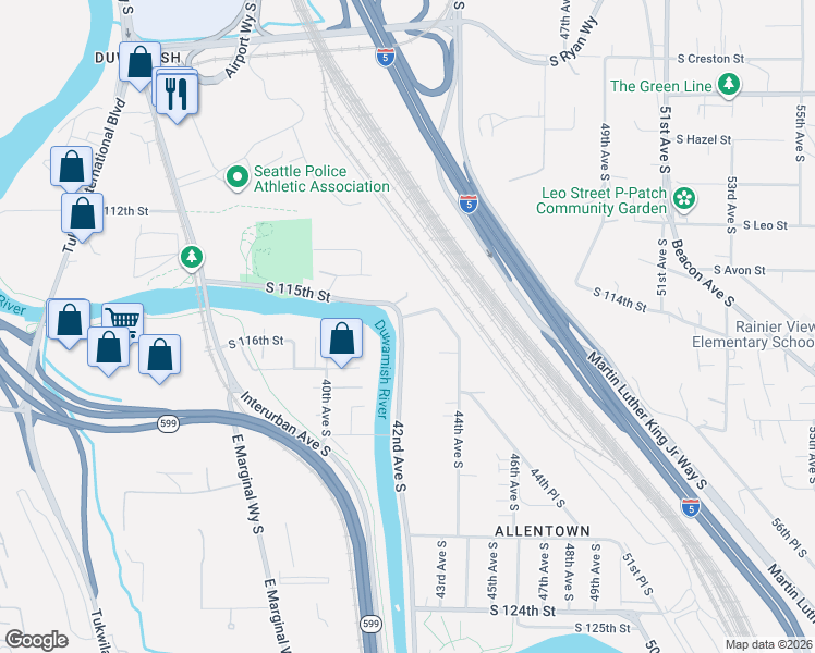 map of restaurants, bars, coffee shops, grocery stores, and more near 4216 South 116th Street in Tukwila