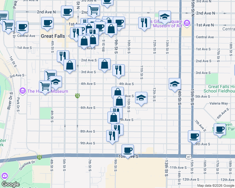 map of restaurants, bars, coffee shops, grocery stores, and more near 822 4th Avenue South in Great Falls