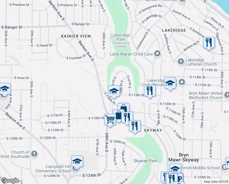 map of restaurants, bars, coffee shops, grocery stores, and more near 11457 69th Place South in Seattle