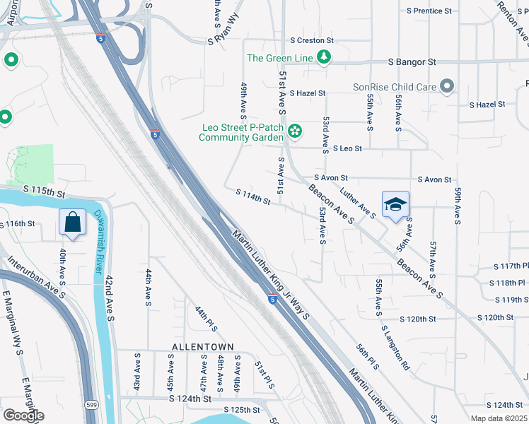 map of restaurants, bars, coffee shops, grocery stores, and more near 5002 South 114th Street in Tukwila