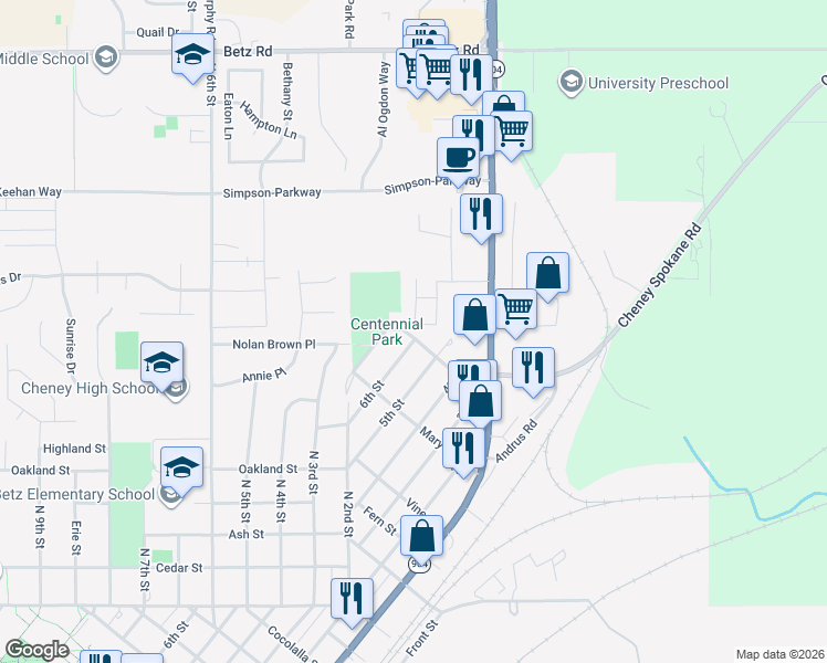 map of restaurants, bars, coffee shops, grocery stores, and more near 111 College Hill Street in Cheney