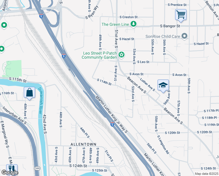 map of restaurants, bars, coffee shops, grocery stores, and more near 5002 South 114th Street in Tukwila