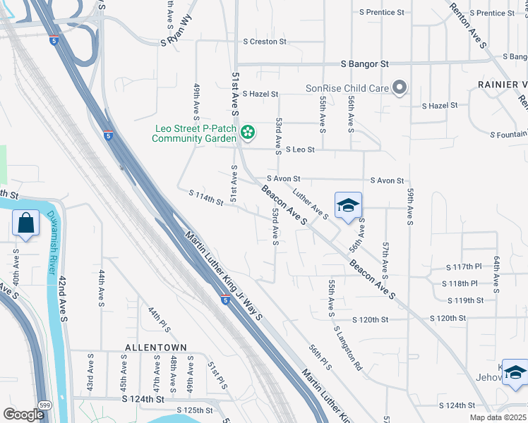 map of restaurants, bars, coffee shops, grocery stores, and more near 5150 South Augusta Street in Seattle