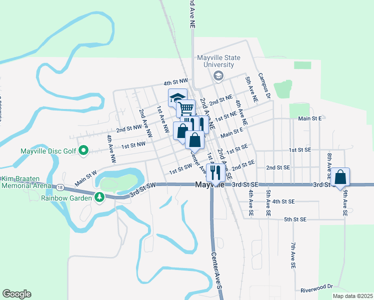 map of restaurants, bars, coffee shops, grocery stores, and more near 22 Main Street West in Mayville